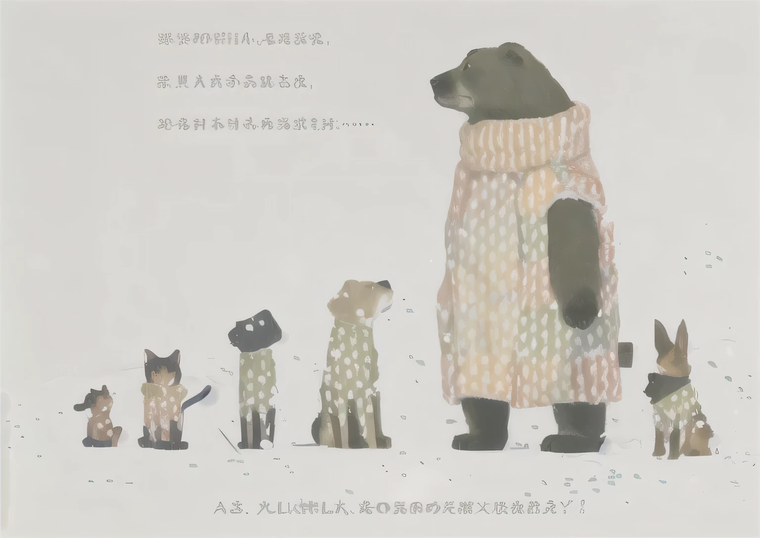 There are many cats, dogs and bears standing in a row，Animals wearing colorful sweaters in the snow