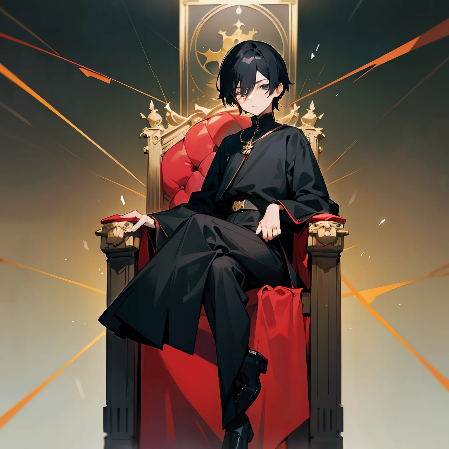 Anime style, 22 year old teenage boy facing straight ahead, short black hair parted in the middle, dressed all in black, flat face, and sitting on a throne.