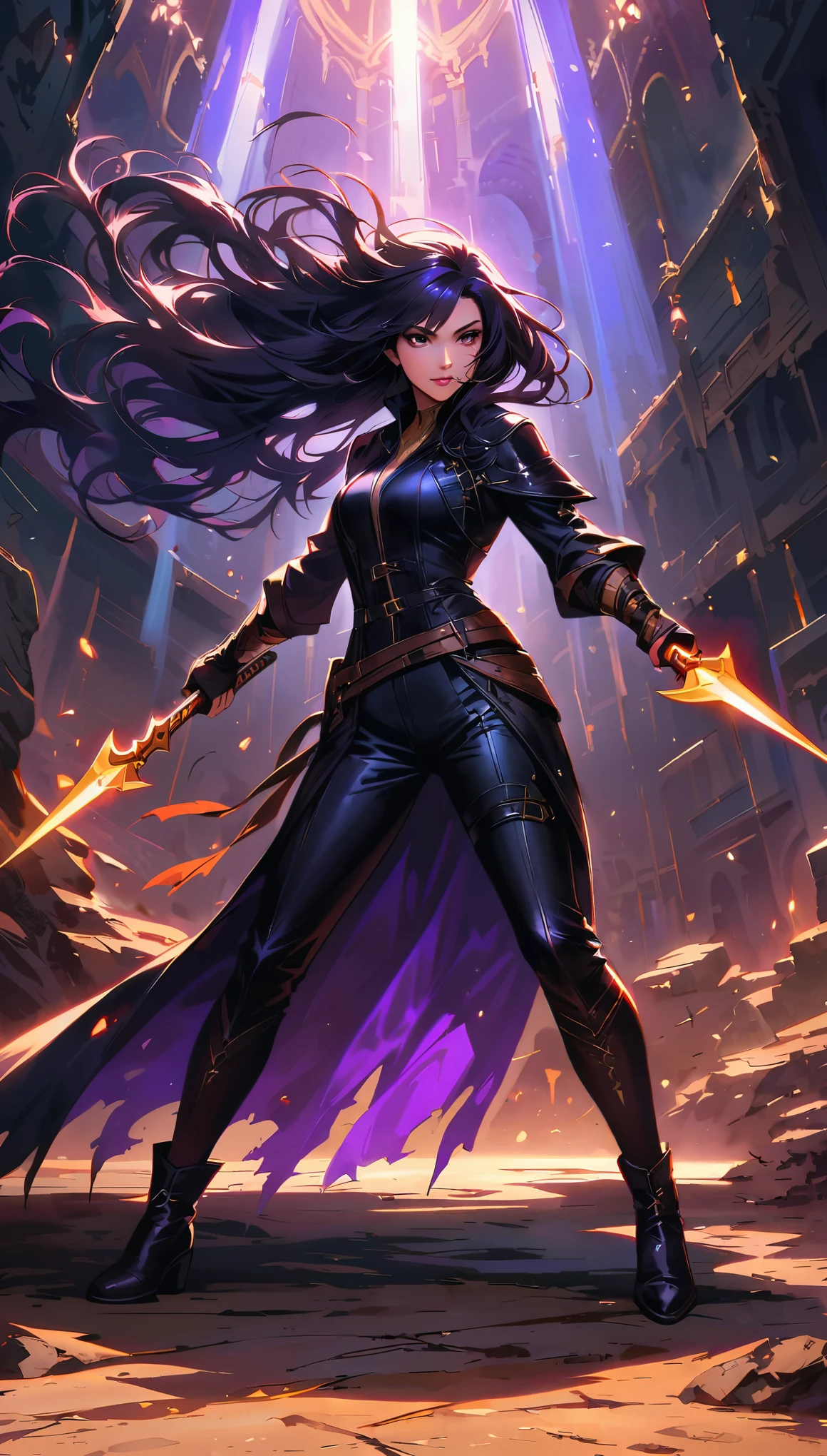 a female assassin in a dark fantasy setting, with long flowing hair in shades of black and purple, Tattood on the face, piercing blue, wearing a sleek black leather outfit , including dragon scales  tattoos on her arms,Wearing a pair of pointed long leather boots. She stands in a dimly underground chamber, holding a curved daggers , Dynamic pose, The scene is illuminated with flickering torche, casting shadows and enhancing the suspenseful atmosphere. The lighting emphasizes the sharp edges and intricate details of the assassin's attire, adding depth and texture to the overall composition. The image is of the highest quality, with extreme attention to detail , showcasing the artist's technical expertise and mastery of light and shadow. The art style is realistic yet with a touch of fantasy.