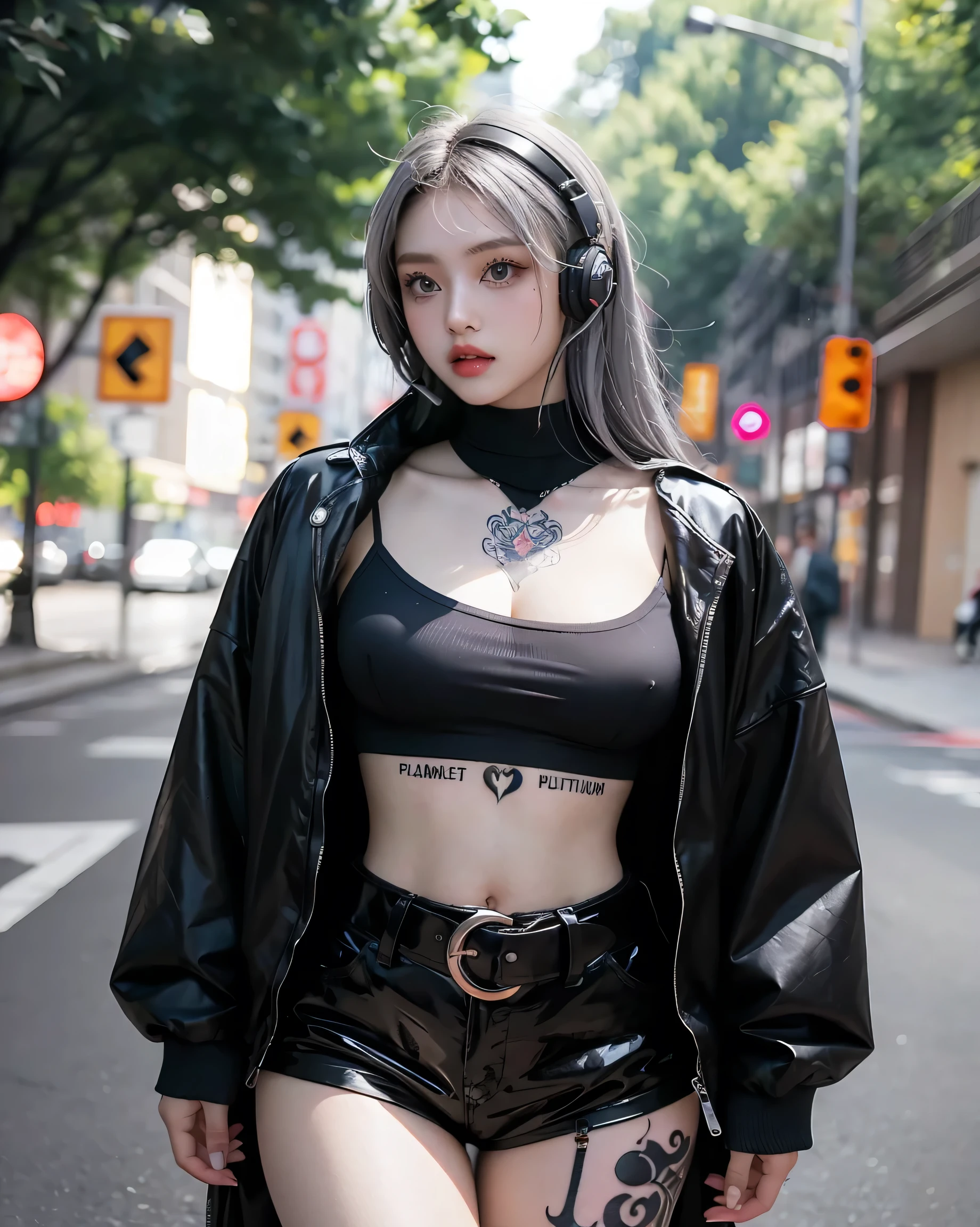 One girl, Gray Hair, Long Hair, Techwear masterpiece, highest quality, Realistic, realism, Dark purple jacket, Portraiture, Fine grain, Wearing the headset, Platinum Hair, 21 year old girl, Fashion pose, Half Body, Wide shot, on the road, cyber punk, (((He has many tattoos all over his body)), (((Tight waist))), ((Big Breasts)),(See-through)，panties