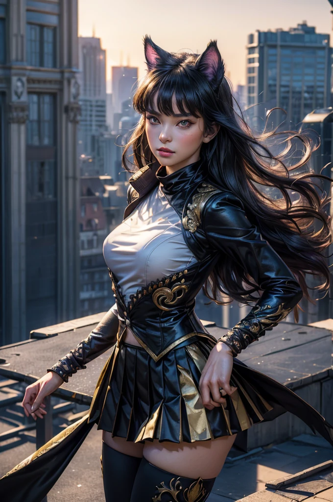 (masterpiece,stunning girlfriend, (standing:1.1), dynamic pose, heart shaped face, elegant face, beautiful face, highly detailed face, highly detailed skin, skin pores, subsurface scattering, realistic pupils, looking at viewer, full lips, detailed background, depth of field, atmospheric perspective, volumetric lighting, sharp focus, absurdres, realistic proportions, good anatomy, (realistic, hyperrealistic:1.4), 16k hdr, (masterpiece, best quality),  intricate details, 1girl,   blake_belladonna, gmuniform, pleated skirt, blue thighhighs,  black and gold uniform, standing on rooftop, city