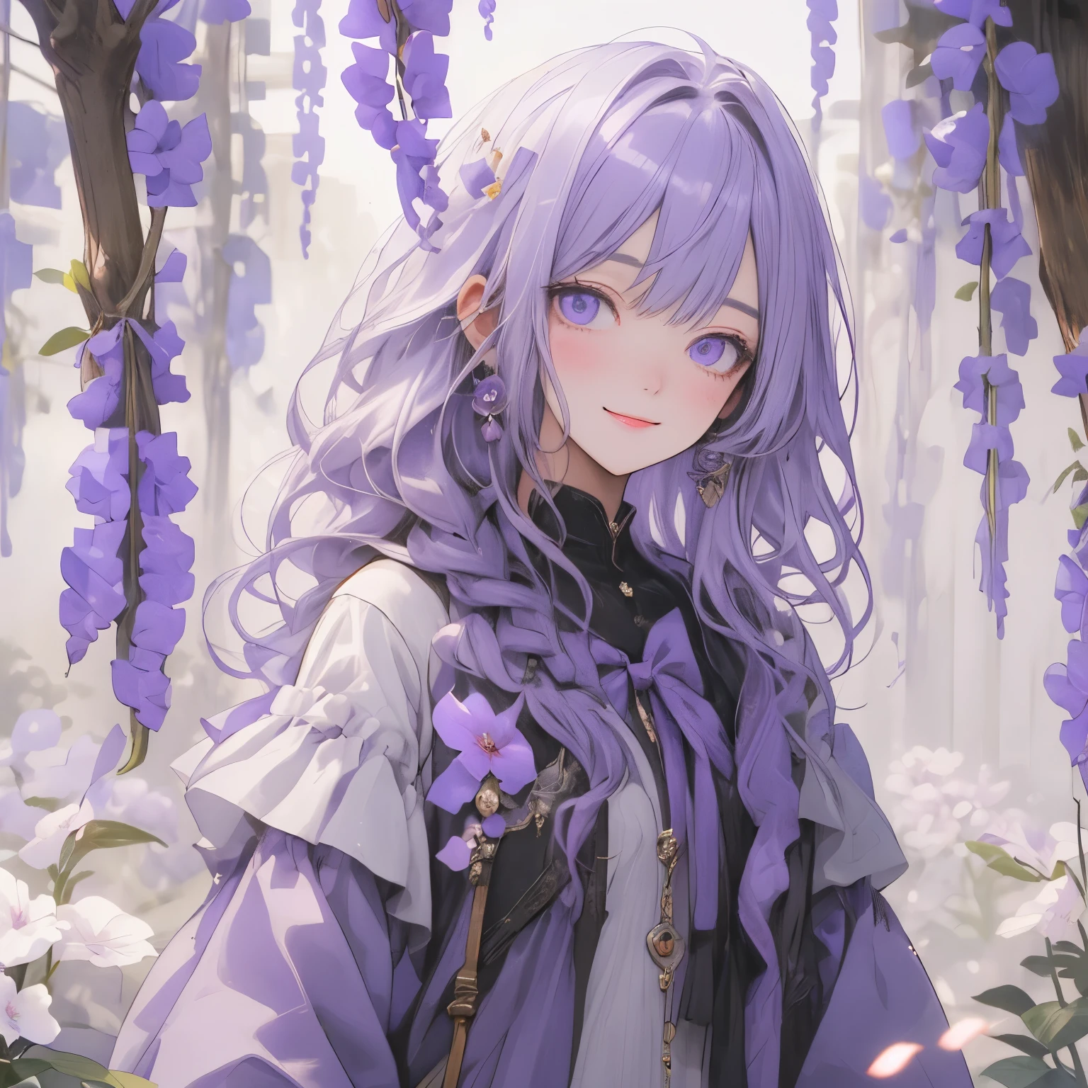 A cat wearing a light purple ribbon、Light purple hair、Light purple eyes、Light purple clothes、Wisteria flower、smile、Walking、petal、beautiful