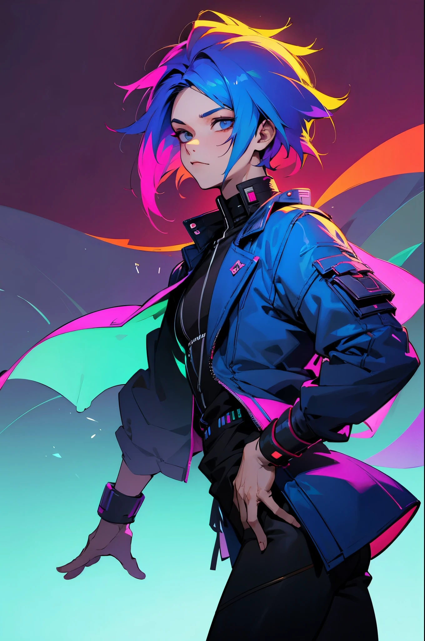 cyberpunk, mutli colored hair, two toned hair, random colored hair,young male, boy , lean
