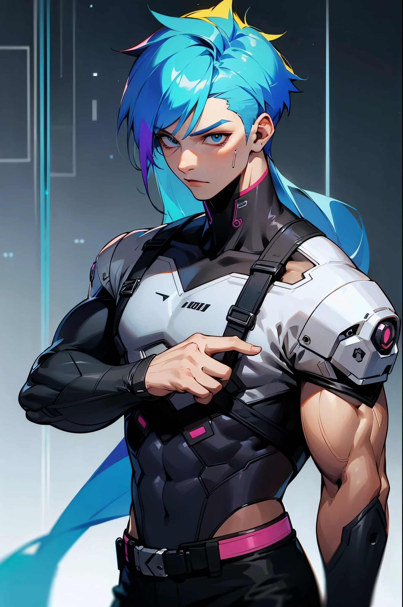 cyberpunk, mutli colored hair, two toned hair, random colored hair,young male, boy , muscular
