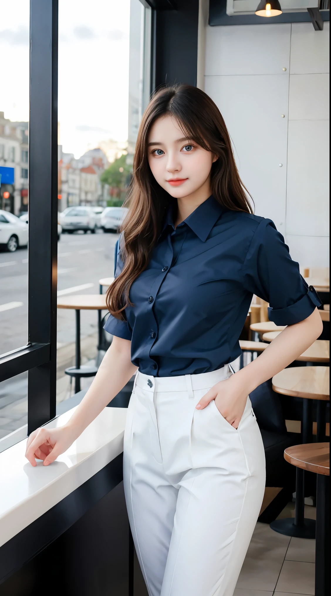 Gorgeus Girl, Beautiful, Baby Face, 20 Years Old, White Skin, Sexy Pose, woman trousers, Blue Eye, Bokeh, cafe Background, Masterpiece, Fullbody Shot, business suits, long black shirt