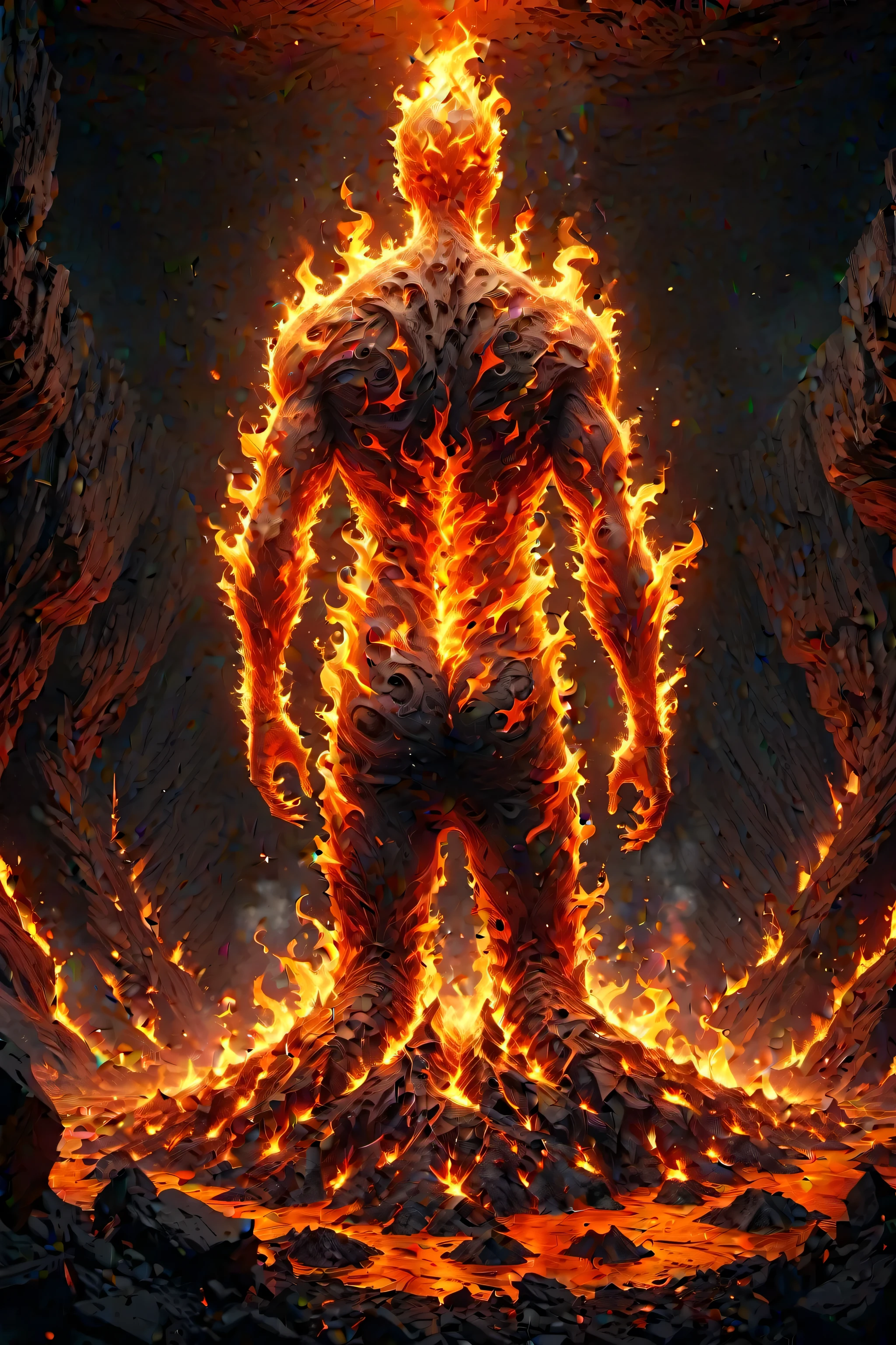 Fire elemental emerging from wasteland lava pit, Upright posture, movie shot (masterpiece:1.2), best quality, (Ultra Detailed, The most detailed:1.2), High resolution textures