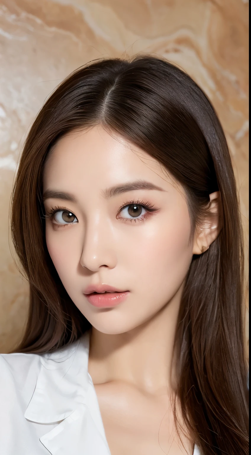 ((highest quality、8k、masterpiece:1.3))、Sharp focus:1.2、Beautiful woman with perfect style:1.4、Turn to the side:1.2、((Dark brown hair、Huge boobs:1.2))、(White button-up long shirt:1.1)、Marble background:1.2、Straight Long Hair、Highly detailed face and skin texture、Detailed eyes、double eyelid