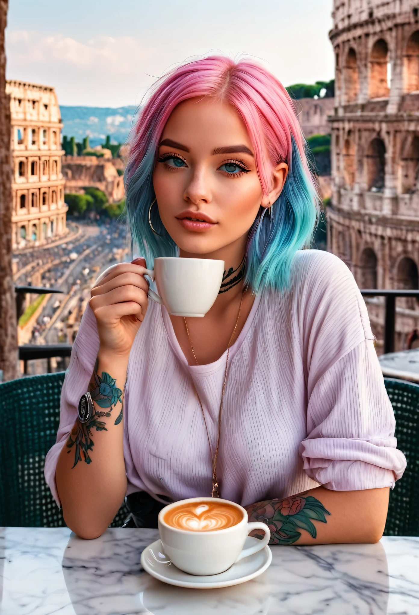 A girl influencer 23-year-old with pink hair and blue highlights, a tattoo on her arm, is having coffee in Italy. Illustration, high-quality, ultra-detailed. She has beautiful detailed eyes, beautiful detailed lips, and an extremely detailed face. She is stylishly dressed in trendy clothing, sitting at a cafe table with a view of the Colosseum in the background. The atmosphere is vibrant with vivid colors and natural lighting. The artwork has a photorealistic style with sharp focus and fine painting details. The girl's pink hair stands out against the colorful background. The coffee cup she holds is delicately painted with a bokeh effect, adding depth to the image.