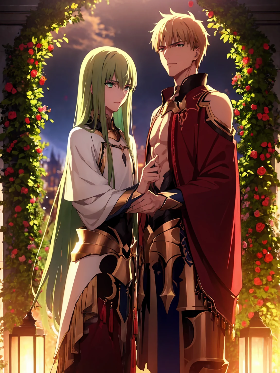 absurd resolution, high resolution, ultra detailed, HDR, master piece, best quality, extremely detailed face and eyes, beautiful vibrant eyes, caster Gilgamesh, expressive eyes, fate grand order, Enkidu, expressive eyes, gay couple, two men only, handsome, garden, red roses, petals, arabian clothes