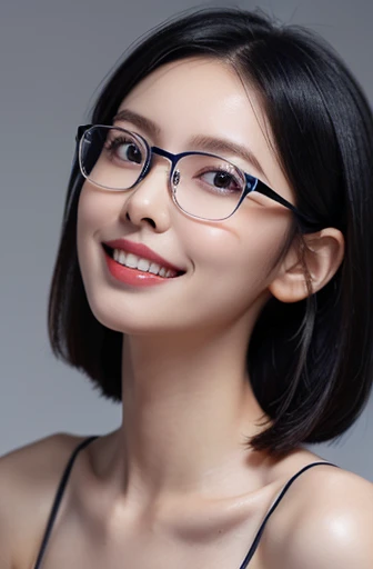 (masterpiece), (8k, best quality, high resolution), (ultra-detailed, realistic), (anatomically correct),  
((face close-up)), (Standing), (No background),
(1woman),  (looking at viewer), 
(A Japanese woman, 30 years old and 155cm tall.), 
(black hair), (straight hair), (short hair style), (bob cut), (hair behind ears), 
(wear glasses), ((black cell frame glasses)), 
((Wear a navy blue spaghetti strap dress)), (Mini length dress with simple design), 
(Create a detailed image of the eye), 
(Her impression is pure, clean and kind.), 
((A captivating smile, just showing a few teeth.)), 　 
