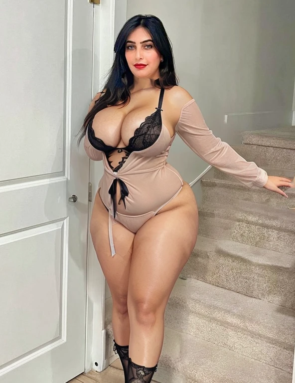 Black lingerie, curvy body, cleavage