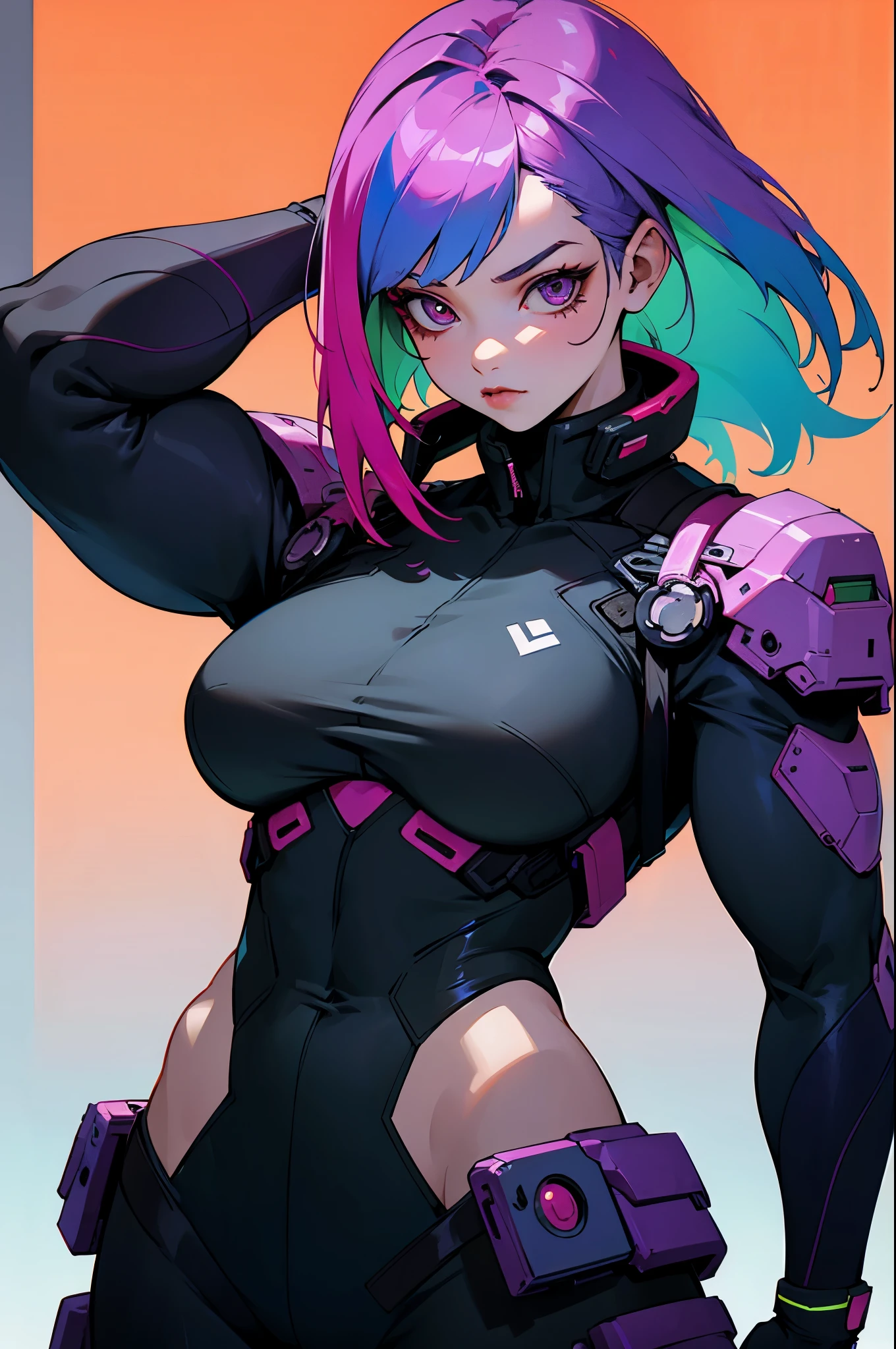 cyberpunk, mutli colored hair, two toned hair, random colored hair,young female, girl , muscular
