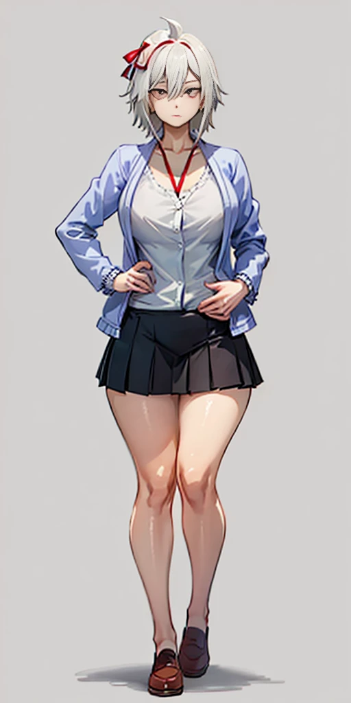 ((casual-style)), 1girl, solo, white hair, shirt, red ribbon, ribbon, looking at viewer, long hair, full body, white eyes, white shirt, grey eyes, hair between eyes, neck ribbon, collared shirt, cardigan, closed mouth, expressionless, jacket, simple background, frills, bangs, white background, long sleeves
