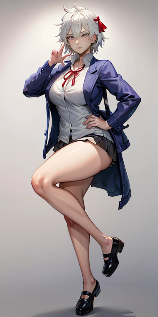 ((casual-style)), 1girl, solo, white hair, shirt, red ribbon, ribbon, looking at viewer, long hair, full body, white eyes, white shirt, grey eyes, hair between eyes, neck ribbon, collared shirt, cardigan, closed mouth, expressionless, jacket, simple background, frills, bangs, white background, long sleeves