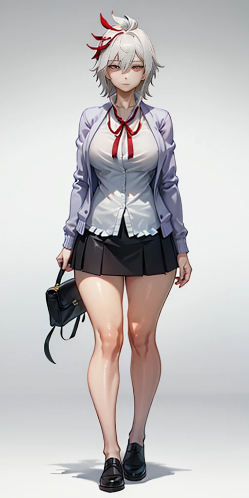 ((casual-style)), 1girl, solo, white hair, shirt, red ribbon, ribbon, looking at viewer, long hair, full body, white eyes, white shirt, grey eyes, hair between eyes, neck ribbon, collared shirt, cardigan, closed mouth, expressionless, jacket, simple background, frills, bangs, white background, long sleeves