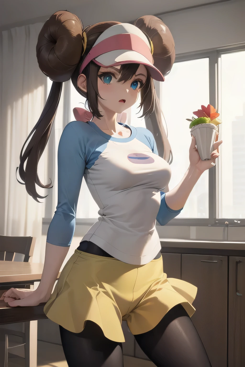 masterpiece, best quality, RP, brown hair, double bun, baseball cap, two tone shirt, yellow skirt, black leggings, indoors