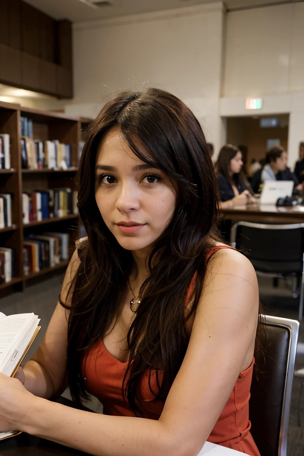 Morena cabello rizado biblioteca 