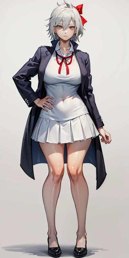 ((casual-style)), 1girl, solo, white hair, shirt, red ribbon, ribbon, looking at viewer, long hair, full body, white eyes, white shirt, grey eyes, hair between eyes, neck ribbon, collared shirt, cardigan, closed mouth, expressionless, jacket, simple background, frills, bangs, white background, long sleeves