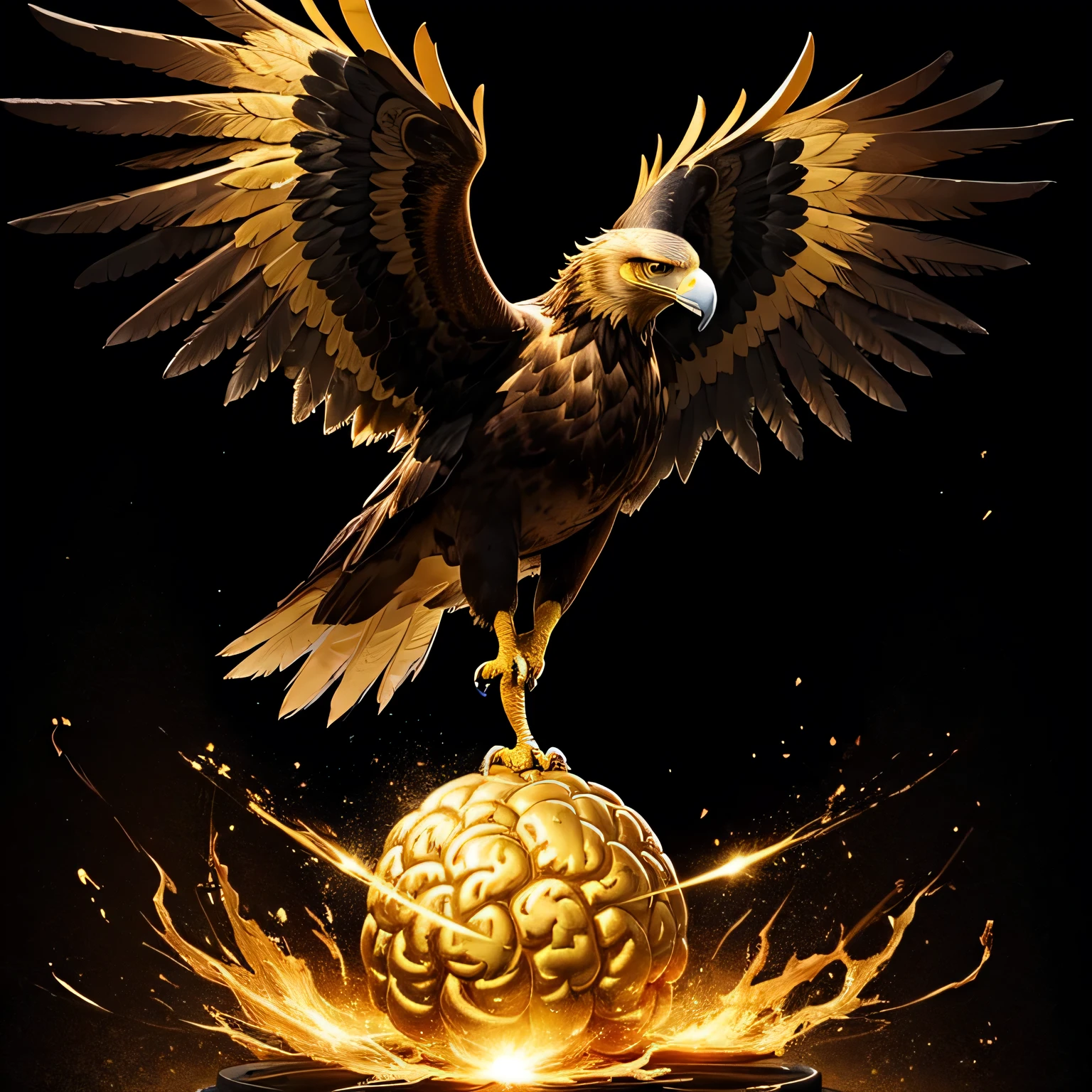 Create a logo containing a golden brain and a golden eagle with a black background