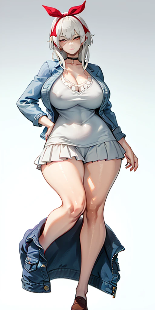 ((casual-style)), 1girl, solo, white hair, shirt, red ribbon, ribbon, looking at viewer, long hair, full body, white eyes, white shirt, grey eyes, hair between eyes, neck ribbon, collared shirt, cardigan, closed mouth, expressionless, jacket, simple background, frills, bangs, white background, long sleeves