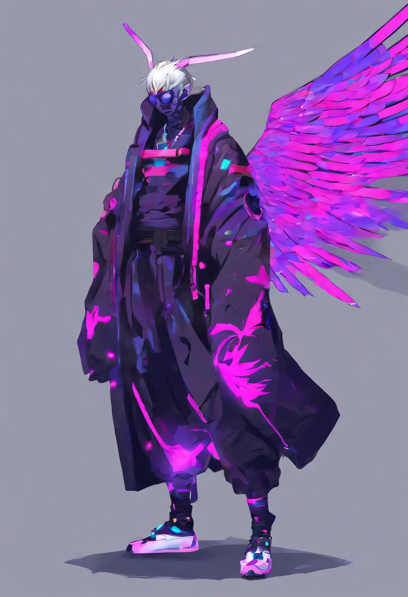 Man, Tengu, Onmyoji, Bird's Beak, Shaggy, Gray Hair, White Feathers, Long Wings, Purple Pupils, Kimono, Japanese Style, Simple Background