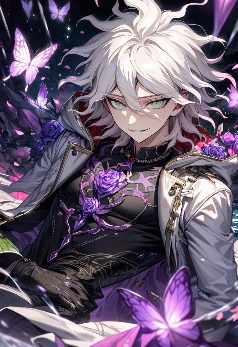 Ultra detailed, HDR, Highres, absurdres, master piece, Komaeda Nagito, white hair, expressive light green eyes, white long coat with patterns, Danganronpa, black tight shirt, purple glittering butterflies, purple ice, petals, purple ice roses, sexy man, solo, extremely detailed face and eyes, extremely handsome, glittering, water, smirking, toned chest, black gloves