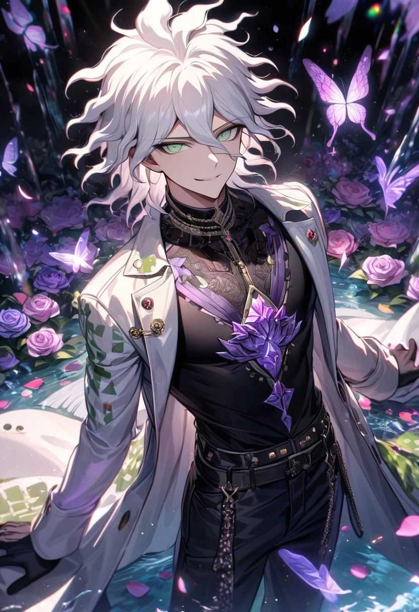 Ultra detailed, HDR, Highres, absurdres, master piece, Komaeda Nagito, white hair, expressive light green eyes, white long coat with patterns, Danganronpa, black tight shirt, purple glittering butterflies, purple ice, petals, purple ice roses, sexy man, solo, extremely detailed face and eyes, extremely handsome, glittering, water, smirking, toned chest, black gloves