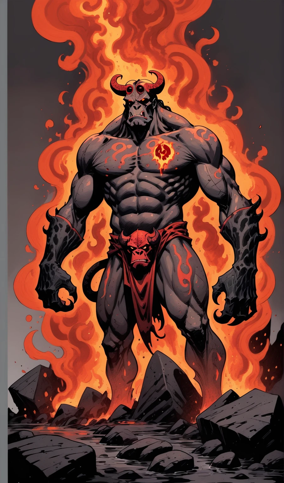 mike mignola style reference, Hellboy as a lava demon, hot molten semifluid rock, magma and lava coloring (black, red, gray, brown and tan, metallic sliver,) deep fiery rich color grading for shading depth, hand drawn, expressive bold ink lines,
