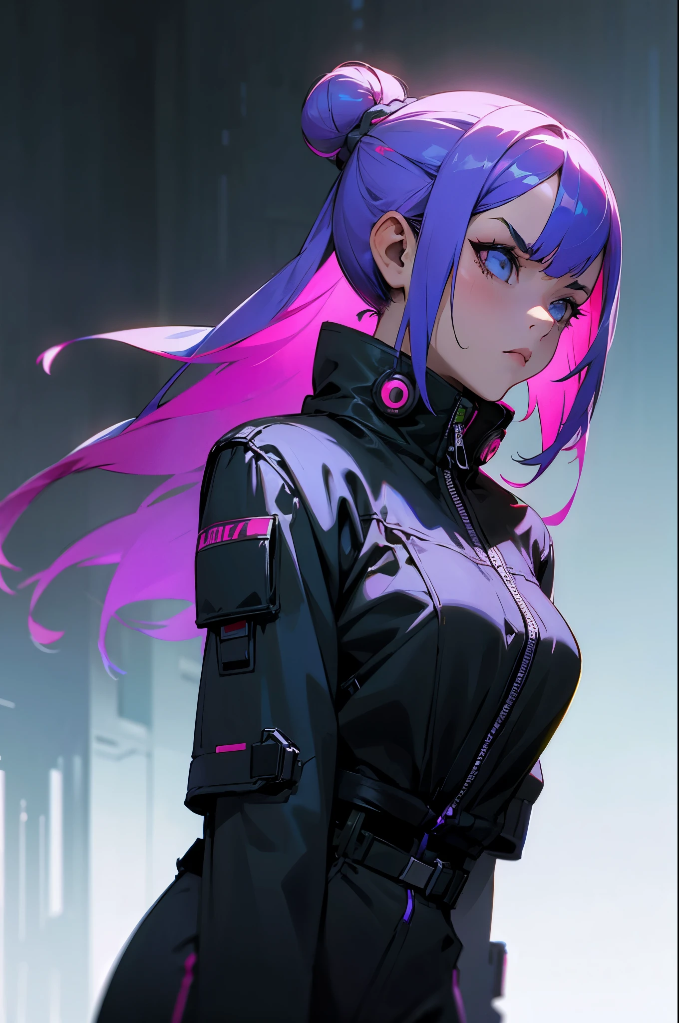 cyberpunk, mutli colored hair, two toned hair, random colored hair,young female, girl , lean, serious, hair in bun