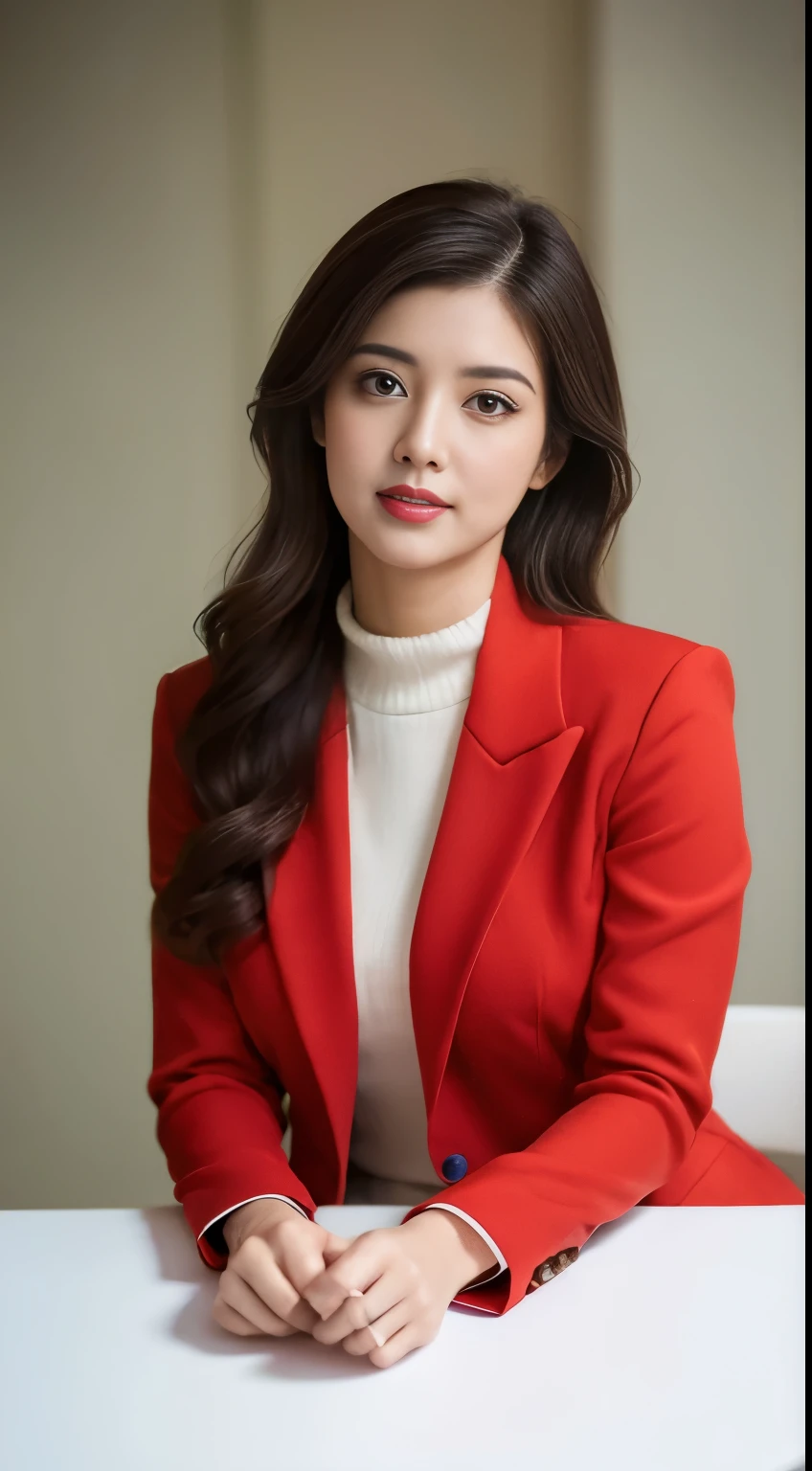 (RAW photos:1.2),Highest quality, Ultra-high resolution, Woman in red suit sitting at table,Female anchor of news,Smile,No defects on fingers,whole,
