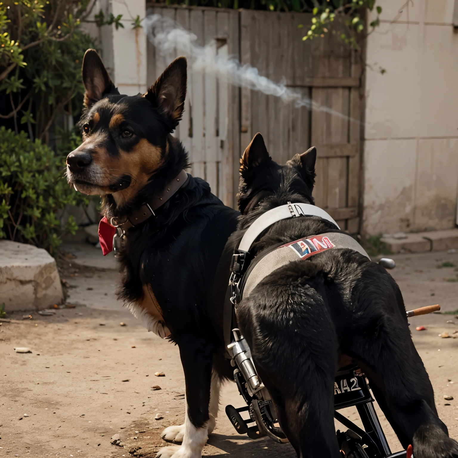 Perro negro fumando cigarrillos en moto