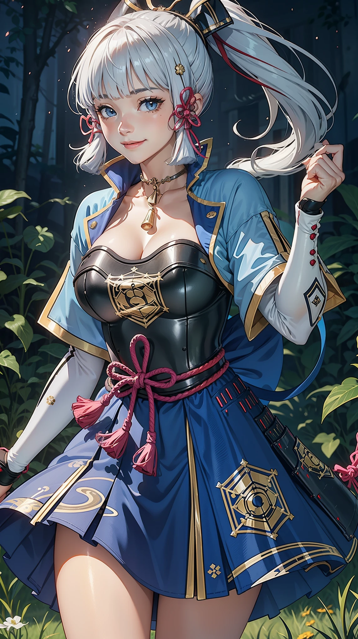 Kamisatoayakadef, slim body, blush, official art, night, detail eyes, cg, smile, dynamic poses, huge breast, (standing:1),