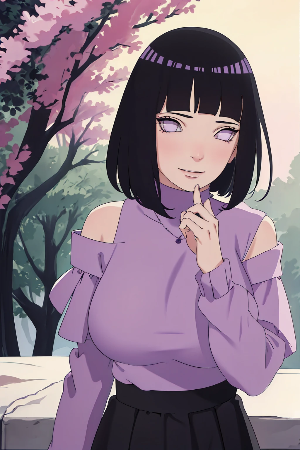 { - anatomy error} (Masterpiece - Ultra-detailed, very high resolution) (huge titusty, masterpiece, absurdres, hinata\(boruto\), 1girl, solo,mature female, off-shoulder bra, high waist black short skirt, looking at viewelling petals), perfect composition, detailed lips, big breast, beautiful face, body propotion, blush, (pink lips), short hair, (black hair), purple eyes, soft gaze, super realistic, detailed, photoshoot, realistic face and body, closed mouth , lilac eyes, upper body, lace clothes, backwards, looking back, with chin resting on shoulder, perfect fingers, naught smile