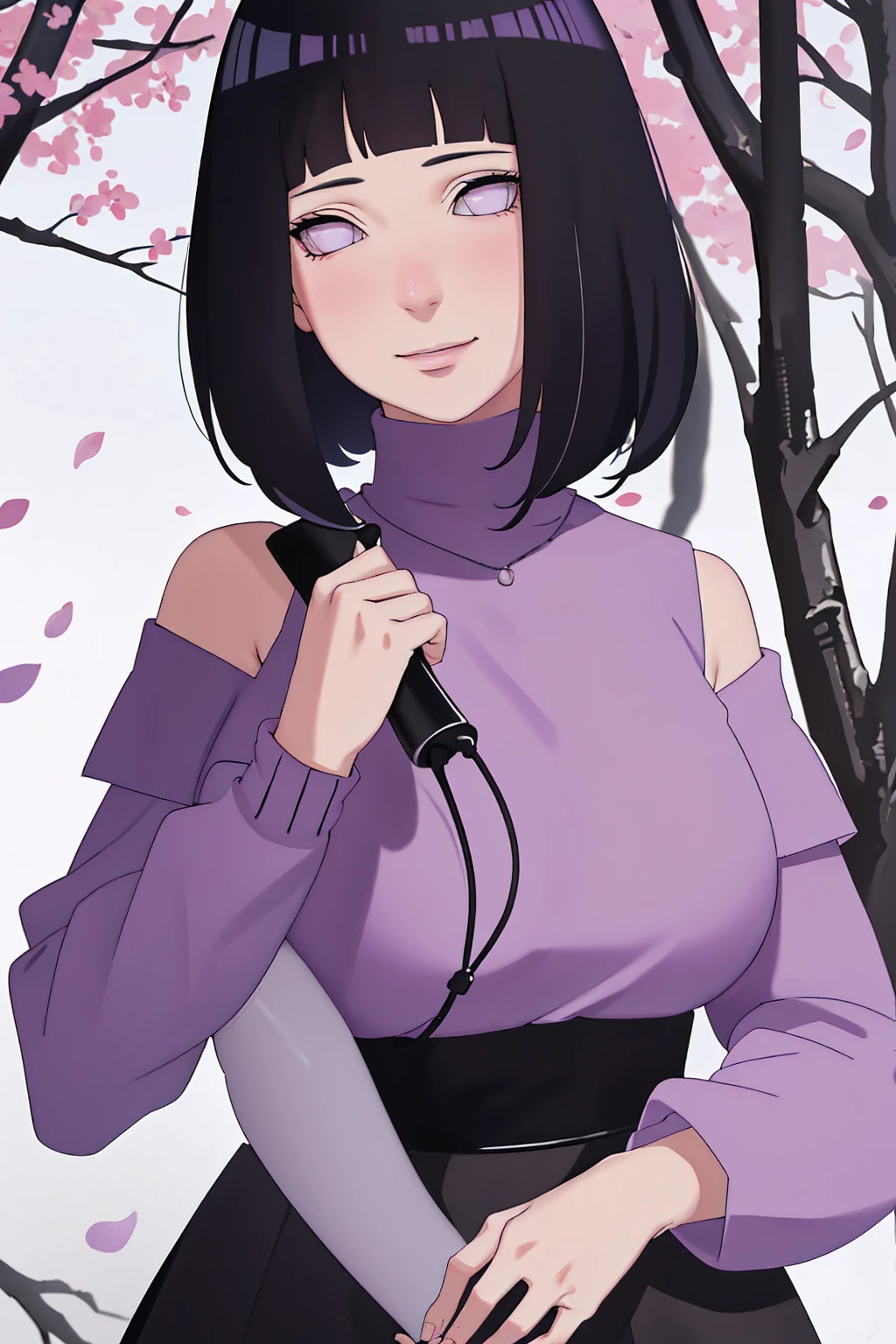{ - anatomy error} (Masterpiece - Ultra-detailed, very high resolution) (huge titusty, masterpiece, absurdres, hinata\(boruto\), 1girl, solo,mature female, off-shoulder bra, high waist black short skirt, looking at viewelling petals), perfect composition, detailed lips, big breast, beautiful face, body propotion, blush, (pink lips), short hair, (black hair), purple eyes, soft gaze, super realistic, detailed, photoshoot, realistic face and body, closed mouth , lilac eyes, upper body, lace clothes, backwards, looking back, with chin resting on shoulder, perfect fingers, naught smile