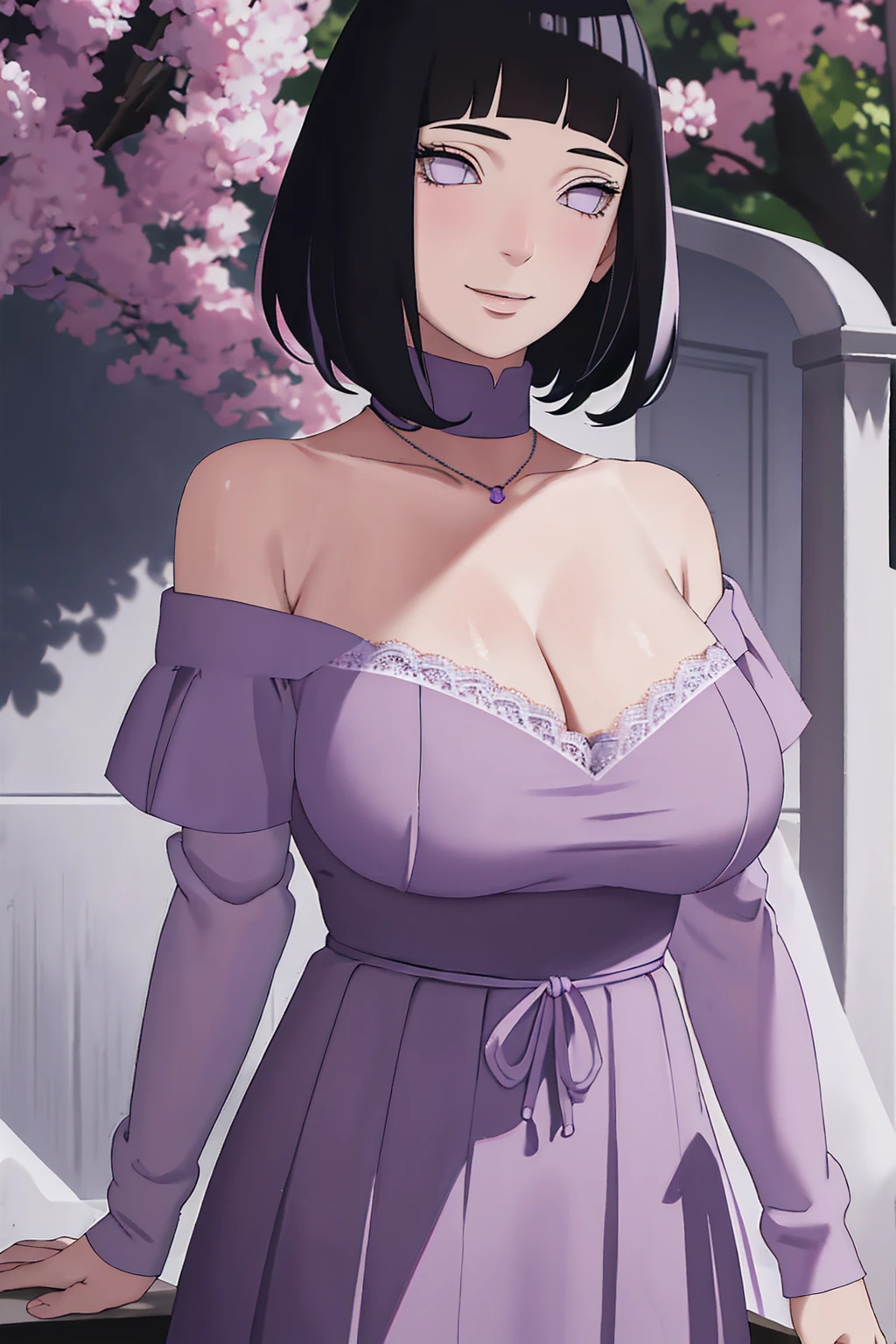 { - anatomy error} (Masterpiece - Ultra-detailed, very high resolution) (huge titusty, masterpiece, absurdres, hinata\(boruto\), 1girl, solo,mature female, off-shoulder bra, high waist black short skirt, looking at viewelling petals), perfect composition, detailed lips, big breast, beautiful face, body propotion, blush, (pink lips), short hair, (black hair), purple eyes, soft gaze, super realistic, detailed, photoshoot, realistic face and body, closed mouth , lilac eyes, upper body, lace clothes, backwards, looking back, with chin resting on shoulder, perfect fingers, naught smile