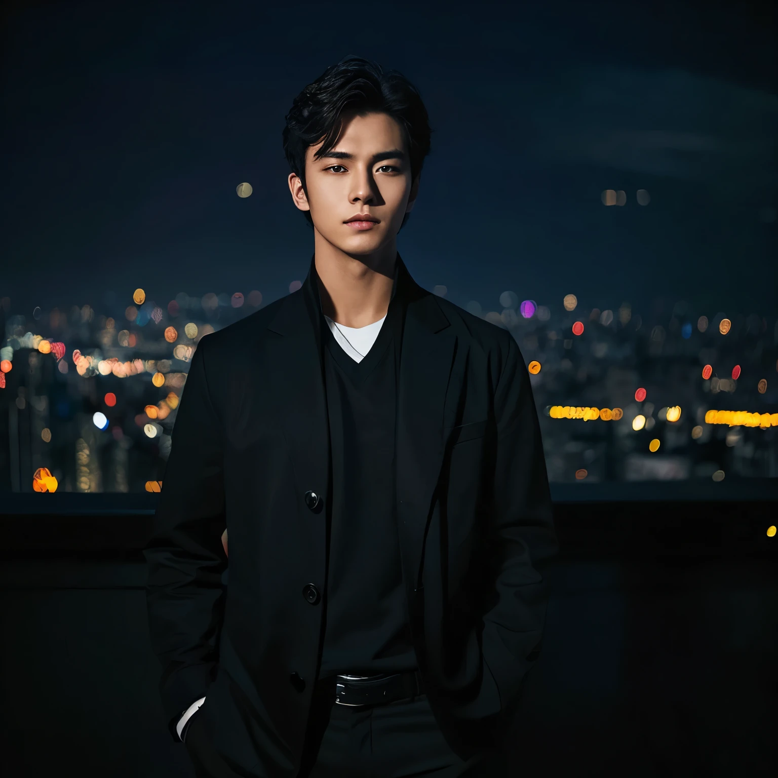 top-quality、masterpiece、超A high resolution、(Photorealsitic:1.4)、Raw foto、Young handsome man、A dark-haired、(night city background:1.2)、Deities