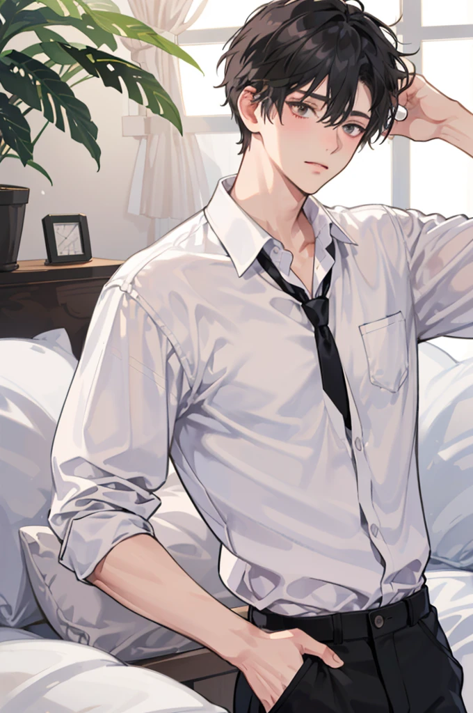 1 boy,((Solitary)),aldult,Shy,Tired look,Set,open-chested white shirt,Upper Body,tie,Dark circles,Pants,best quality,Facial details,bedroom,