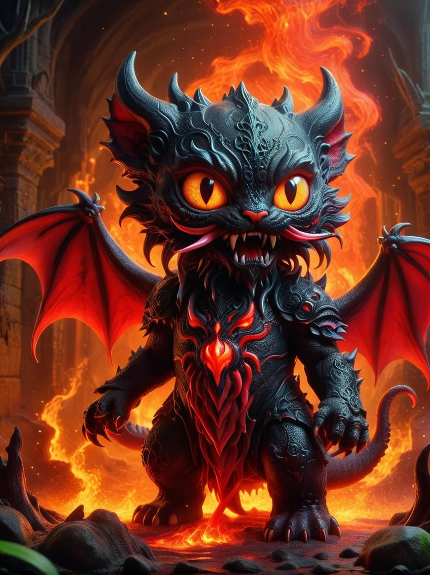 Cute colorful plush Cthulhu, wildlife photography, In the lava swamp, A diabolical hybrid of a cat and a demon in a hellish environment, surrounded by fierce fire and brimstone. The creature possesses piercing crimson eyes emitting an eerie glow, sharp fangs indicative of its menacing nature, and twisted horns akin to a hellish demon. The feline part of its body covered in jet-black fur, tail swishing back and forth as a sign of its devious intentions. The background is bathed in an ominous red glow, painting a vivid picture of a terrifying underworld.