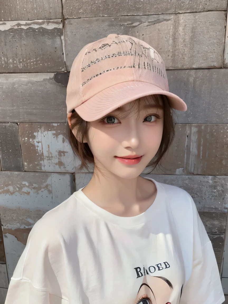 Best image quality、original photo、ultra high resolution、21 years old Korean、small breasts、dynamic angle、Cowboy shooting、The most beautiful form of chaos、elegant、Innovative design、bright colors、,light brown short hair、disheveled hair、light brown eyes 、black baseball cap(Facial expressionSmile)、short bob、Smile、Fair and shiny skin、beautiful eyes，random colors、The details are very beautiful、thin lips、Delicate and beautiful eyes、elongated eyes、Pale pink cheeks、long eyelashes、beautiful double eyelids、eye shadow、he、White Large T-shirt Sweatshirt、baggy pants、Shot from the side、sexy pose、enlarge