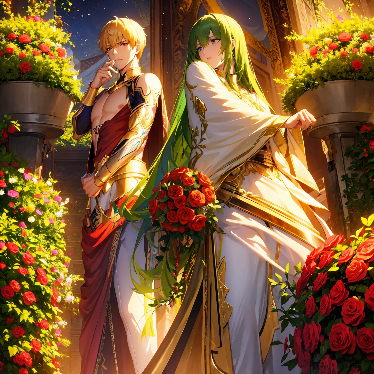 absurd resolution, high resolution, ultra detailed, HDR, master piece, best quality, extremely detailed face and eyes, beautiful vibrant eyes, caster Gilgamesh, expressive eyes, fate grand order, Enkidu, expressive eyes, gay couple, two men only, handsome, garden, red roses, petals, arabian clothes