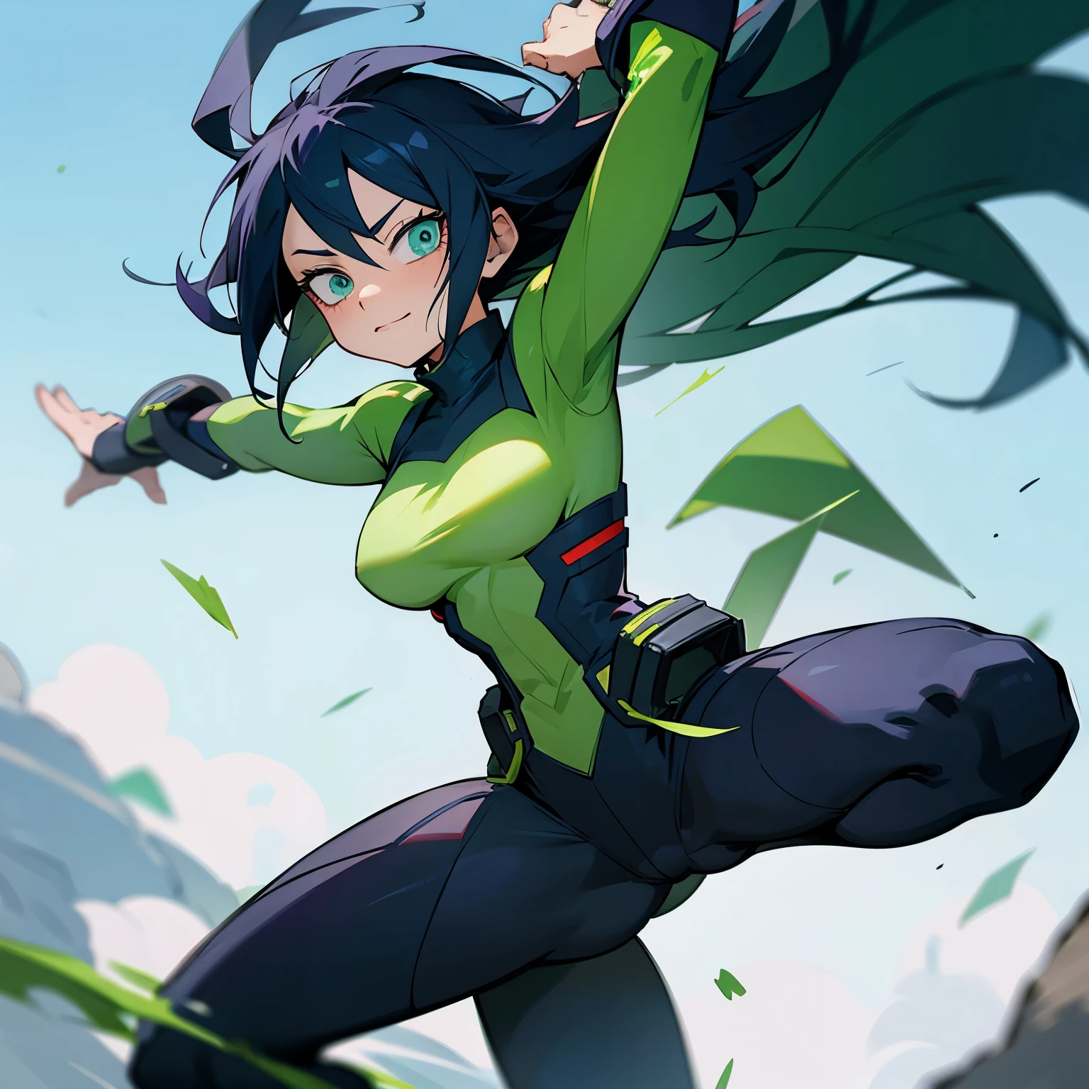 1female , black Hair ,bowl tails , Floating in air , green Bodysuit , green Dress , blue Superhero Suit , angry Expression , green Eyes, black belt wrapping suit,