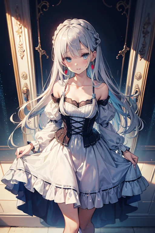 ((masterpiece 1.8)), ((ultra-detailed)),8K,  ((High resolution)), ((ultra quality)), (High quality), (depth of field), full body, 
((1girl)), solo, ((very beautiful and cute girl)), ((16years old graceful girl)), ((gradation colored hair silver:1.4 pale blue:0.6)), (super long hair), ((fine detailed eyelash)), ((close eyes)), ((small bast)), ((bangs)), ((french braid)), ((slender:1.5)), (creavege), (collarbone), jewelry, earrings, parted lips, ((lace trimmed dress)), ((silver trim)), ((robe decolletee)), ((Silver embroidery)),((lot of ruffles)), ((cascade ruffles)), (pinch the skirt with both hands:1.1), (skirt lift), ((curtsey:1.4)), (pull one leg), victorian style
 ((dancehall)),,
front light, back light,
Prismatic light,
prismatic reflection,