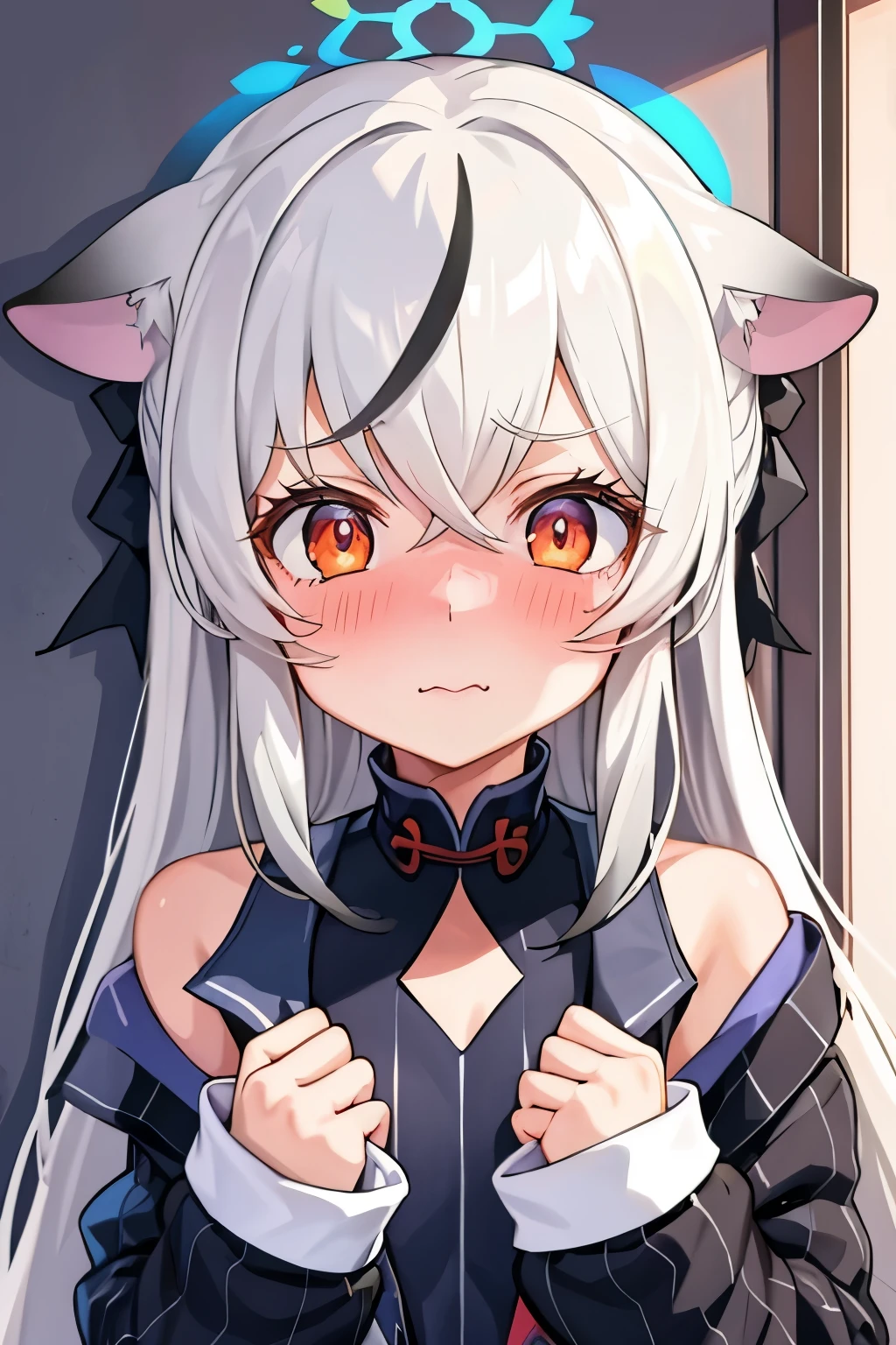 1girl, kokona, indoors, orange eyes, white hair, :3 mouth, embarrassed, beautiful eyes, beautiful lips, shiny lips, extremely detailed eyes and face, long eyelashes, close-up, warm lighting, vibrant colors, looking at the viewer, embarrassed look, blush, Winter suit, winter wonder