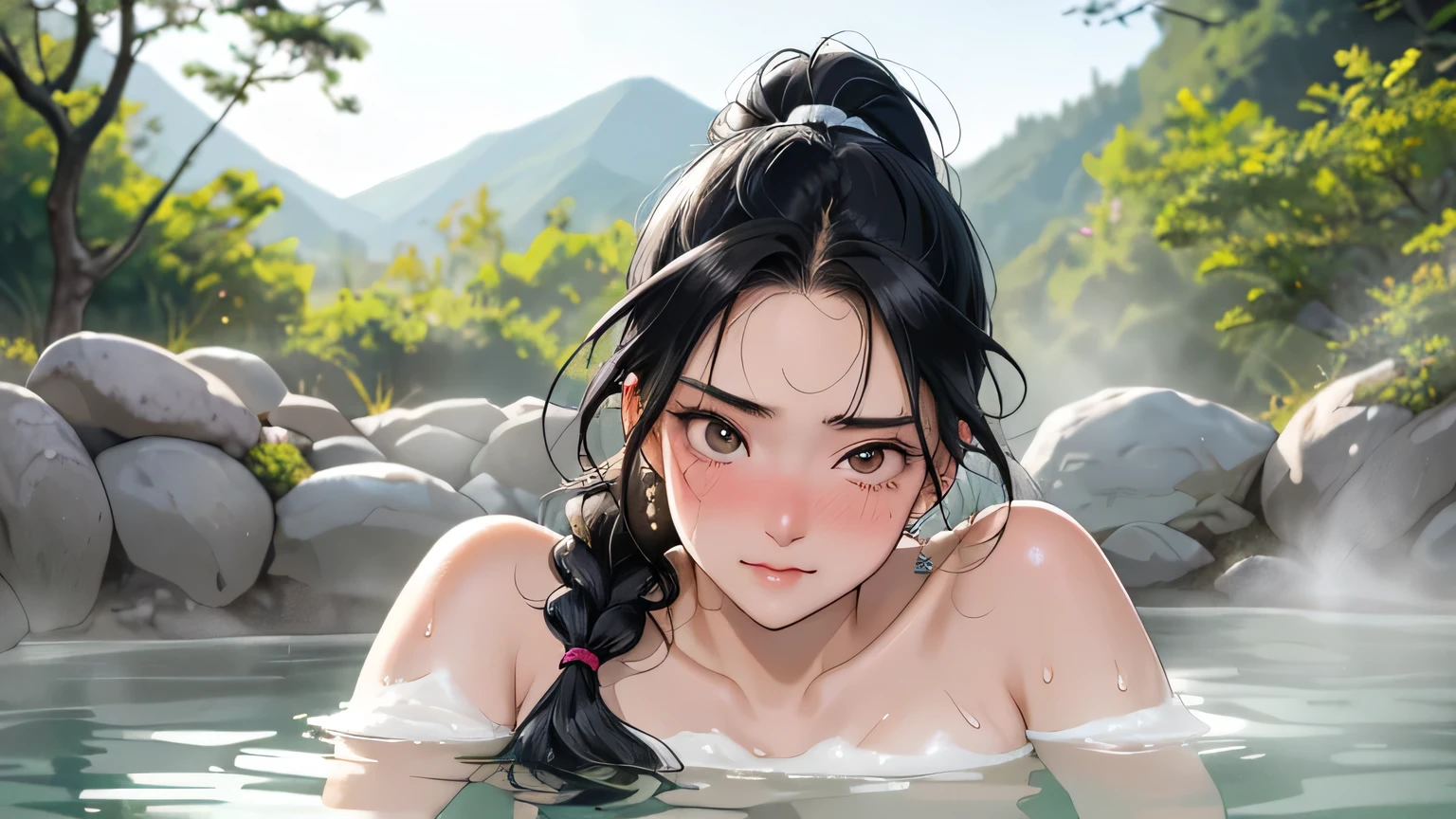 8k, highest quality, ultra high resolution, 1 female, 1980s pop culture anime style, 21 years old, (masterpiece, high resolution, detailed), Japanese, sweating, short cut, ponytail, big breasts (photorealistic) :1.4), (Famous Japanese actress:1.2), very beautiful, cute, professional photo, very delicate and beautiful, very detailed, very detailed beautiful girl, very detailed face, very detailed eyes, very detailed skin, very detailed fingers, very detailed nose, very detailed mouth, perfect anatomy, realistic body, fair skin, shiny skin, slender body, good figure, looking at viewer, smile, cute laugh Face (Black hair, (Ponytail, Beautiful girl, Perfect small face, D cup, Thin, Top quality, Ultra high resolution, Detailed background, Masterpiece, Anatomically correct, Detailed face, Beautiful face in every detail, Cute 20 Beautiful girl in her teens, black hair, braided bob, huge breasts, realistic, perfect body line, calm atmosphere, expresses herself with confidence, charm, (enjoying the hot spring with a slightly embarrassed expression: 1.5) , (Cowboy Shot: 1.3), Wrap yourself in a bath towel and soak in a hot spring, Hida Hot Spring Area is a place where you can enjoy beautiful nature and hot springs., Spend a relaxing time at hot spring areas such as Gero Onsen and Kusatsu Onsen in Gifu Prefecture. We also recommend., cute, steam, sweat,