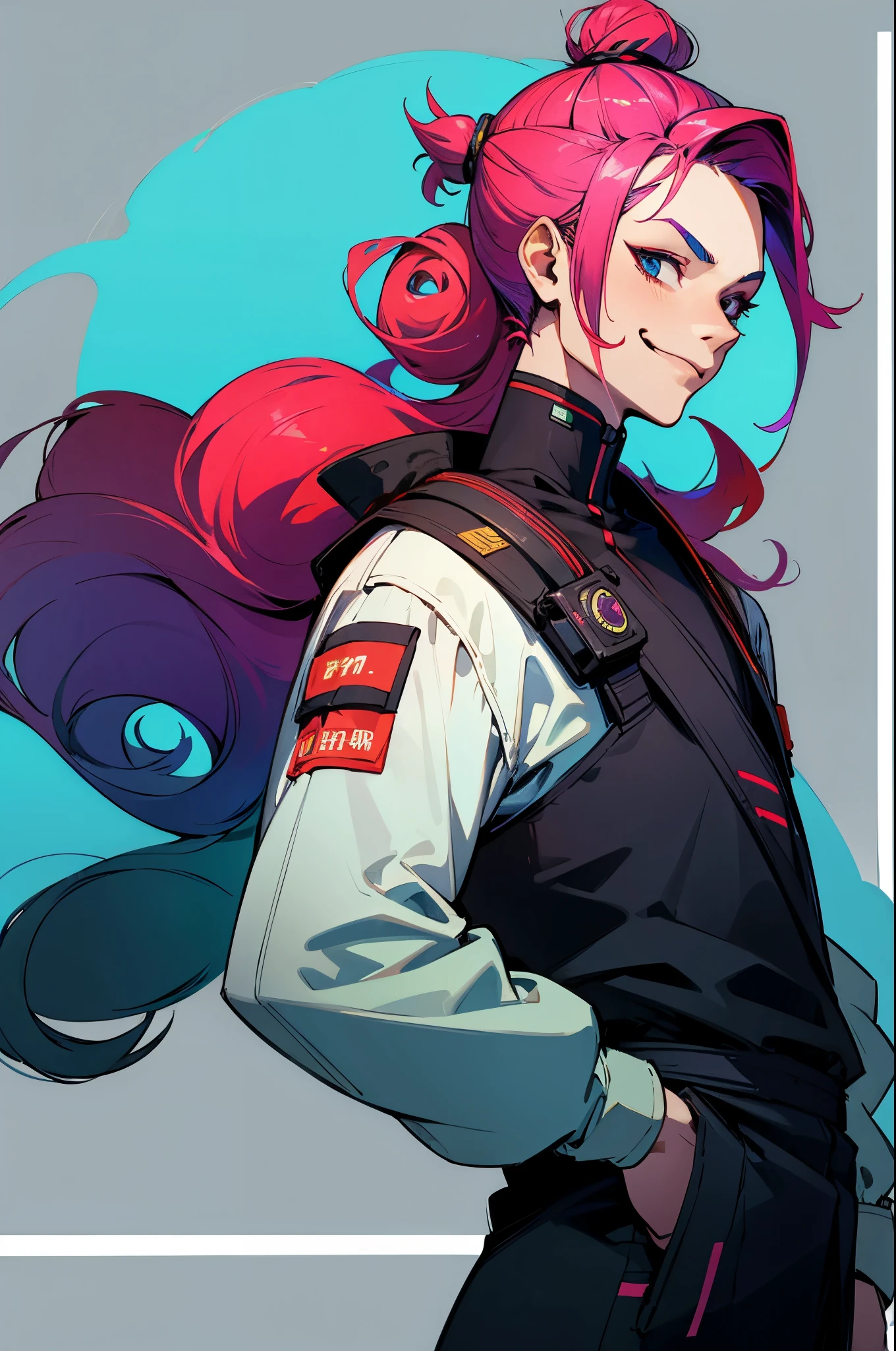 cyberpunk, mutli colored hair, two toned hair, random colored hair,young male, boy , slim, smirk, hair in bun, long hair, curly hair