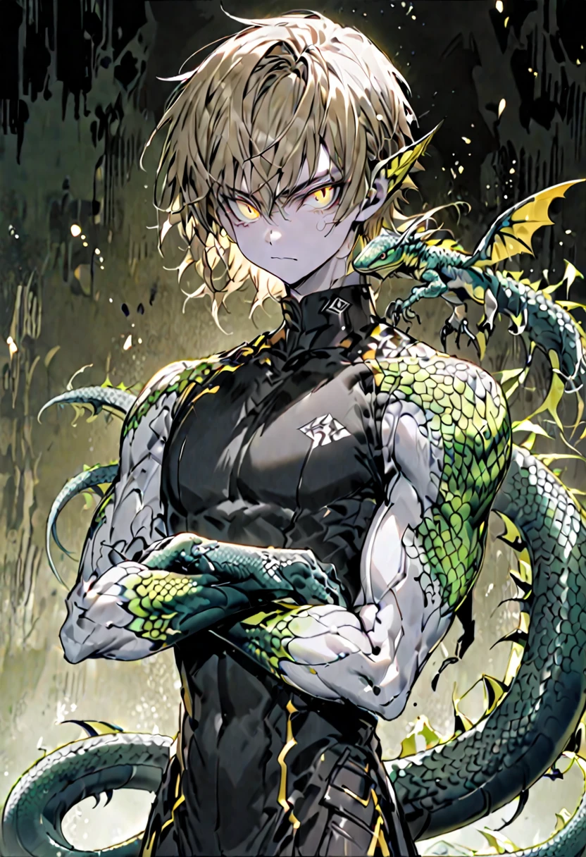 male, solo, very tall, large, human face:1.4, human torso, slim waist, fit, short messy light brown hair, sharp yellow eyes, slit pupils, lizard tail, clawed hands, scales:0.2, white skin, broad shoulders, clean shaven, green head fins, serious, crossed arms, fit arms:0.7, relaxed, gold eyes, slit pupils