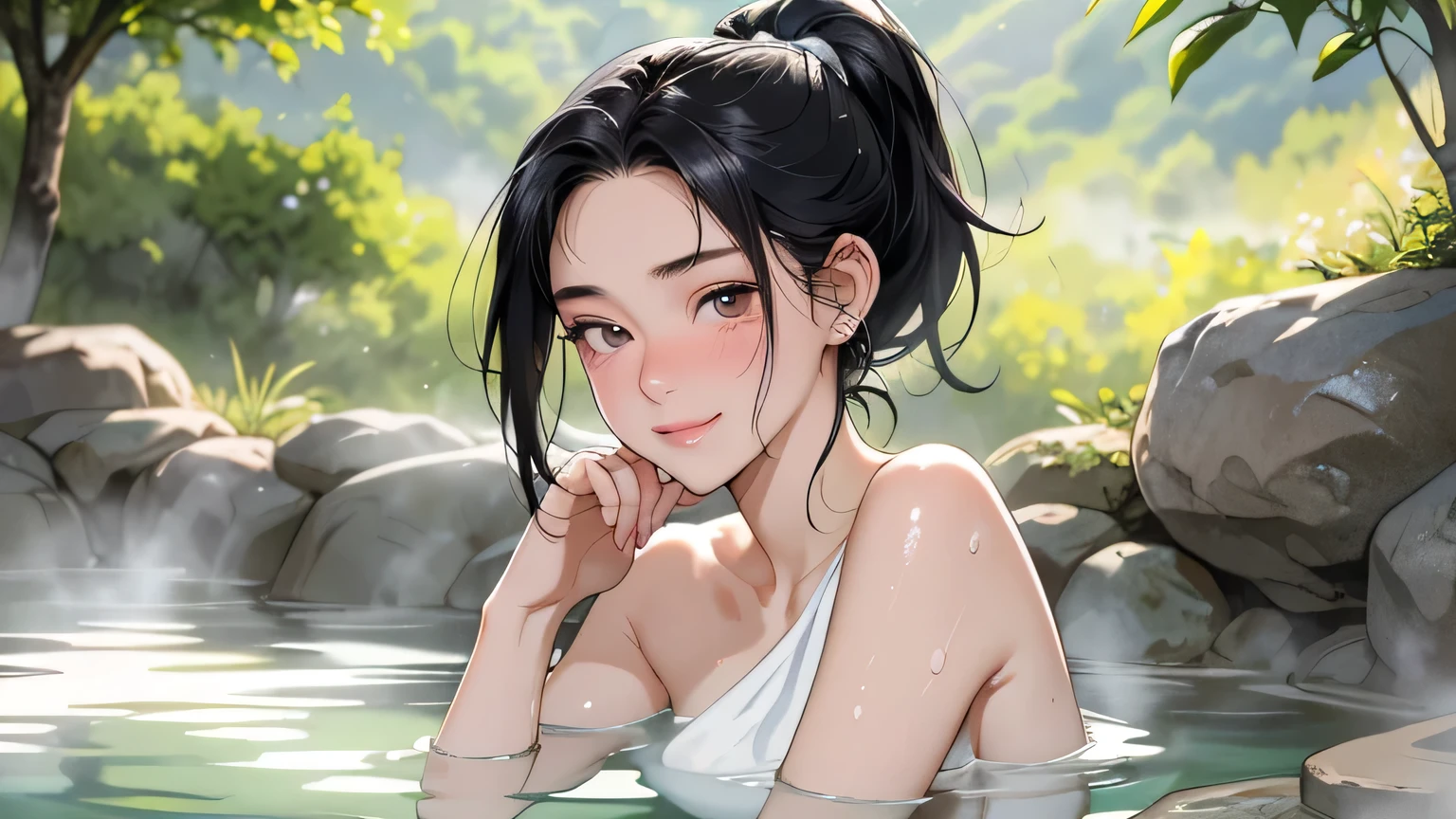 8k, highest quality, ultra high resolution, 1 female, 1980s pop culture anime style, 21 years old, (masterpiece, high resolution, detailed), Japanese, sweating, short cut, ponytail, big breasts (photorealistic) :1.4), (Famous Japanese actress:1.2), very beautiful, cute, professional photo, very delicate and beautiful, very detailed, very detailed beautiful girl, very detailed face, very detailed eyes, very detailed skin, very detailed fingers, very detailed nose, very detailed mouth, perfect anatomy, realistic body, fair skin, shiny skin, slender body, good figure, looking at viewer, smile, cute laugh Face (Black hair, (Ponytail, Beautiful girl, Perfect small face, D cup, Thin, Top quality, Ultra high resolution, Detailed background, Masterpiece, Anatomically correct, Detailed face, Beautiful face in every detail, Cute 20 Beautiful girl in her teens, black hair, braided bob, huge breasts, realistic, perfect body line, calm atmosphere, expresses herself with confidence, charm, (enjoying the hot spring with a slightly embarrassed expression: 1.5) , (Cowboy Shot: 1.3), Wrap yourself in a bath towel and soak in a hot spring, Hida Hot Spring Area is a place where you can enjoy beautiful nature and hot springs., Spend a relaxing time at hot spring areas such as Gero Onsen and Kusatsu Onsen in Gifu Prefecture. We also recommend., cute, steam, sweat,