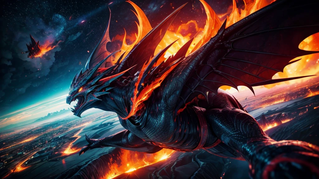 Best quality, ultra-detailed, realistic, vibrant colors, bokeh, portraits, lava demon, flying in the sky, approaching the city