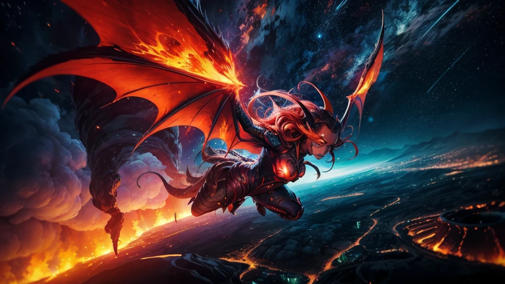 Best quality, ultra-detailed, realistic, vibrant colors, bokeh, portraits, lava demon, flying in the sky, approaching the city