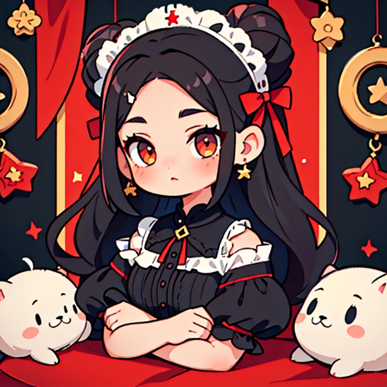 1 joven bella abrazando una almohada sentada en una silla (Cabello negro y rizado, ojos marrones, with a red bow on the right side of her hair, con vestido rojo con lineas negras, cuerpo atractivo, estilo anime)